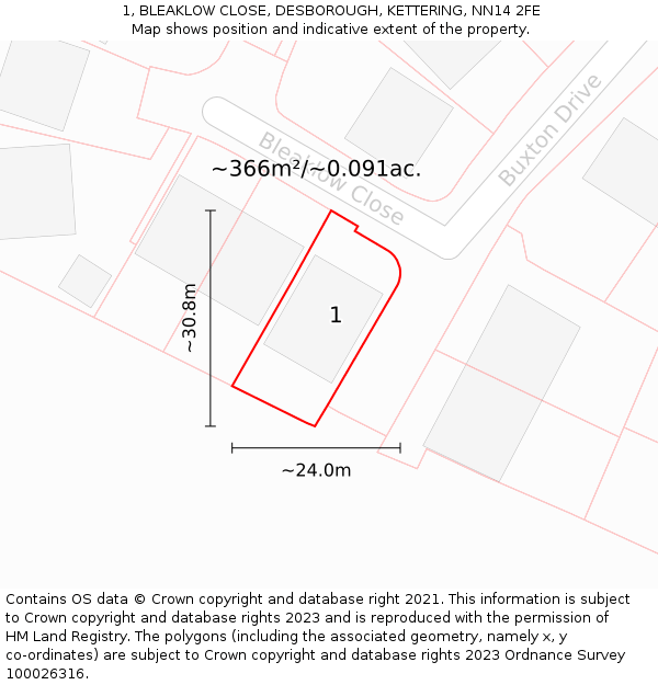 1, BLEAKLOW CLOSE, DESBOROUGH, KETTERING, NN14 2FE: Plot and title map