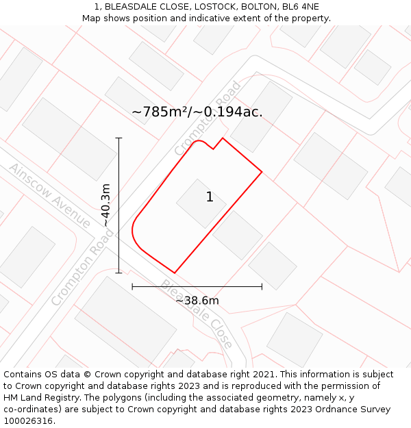 1, BLEASDALE CLOSE, LOSTOCK, BOLTON, BL6 4NE: Plot and title map