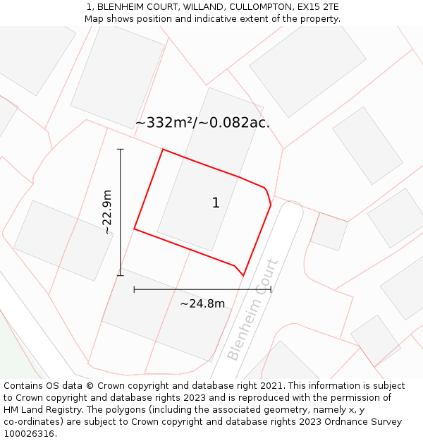 1, BLENHEIM COURT, WILLAND, CULLOMPTON, EX15 2TE: Plot and title map