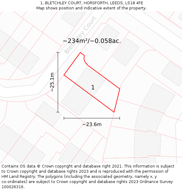 1, BLETCHLEY COURT, HORSFORTH, LEEDS, LS18 4FE: Plot and title map