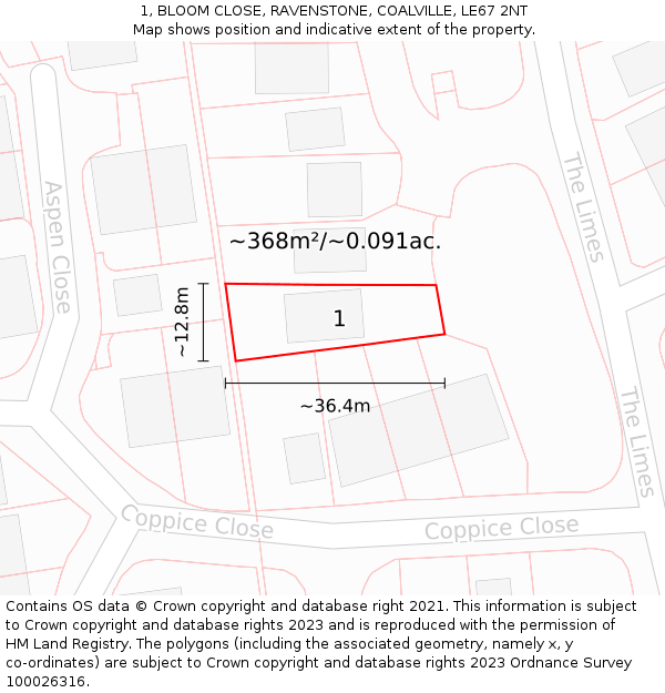 1, BLOOM CLOSE, RAVENSTONE, COALVILLE, LE67 2NT: Plot and title map