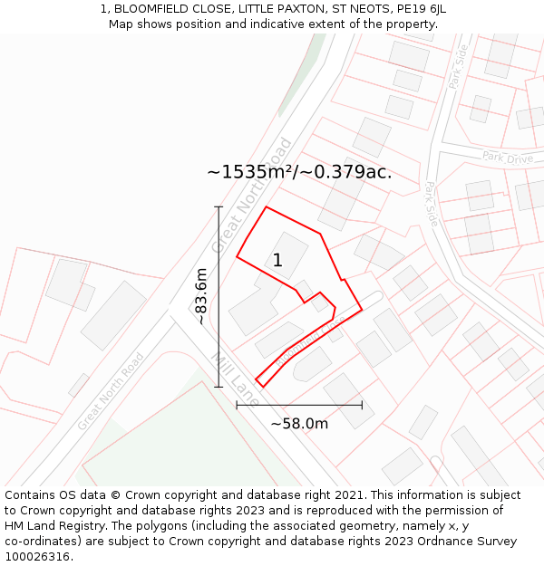 1, BLOOMFIELD CLOSE, LITTLE PAXTON, ST NEOTS, PE19 6JL: Plot and title map