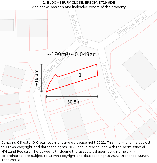 1, BLOOMSBURY CLOSE, EPSOM, KT19 9DE: Plot and title map