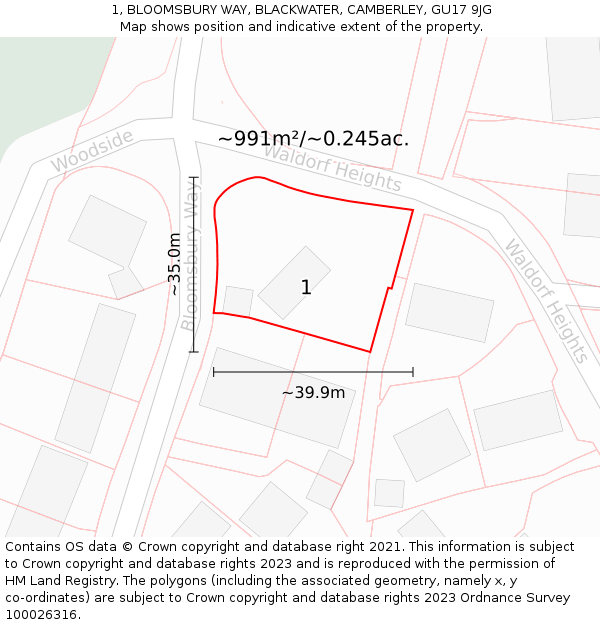 1, BLOOMSBURY WAY, BLACKWATER, CAMBERLEY, GU17 9JG: Plot and title map