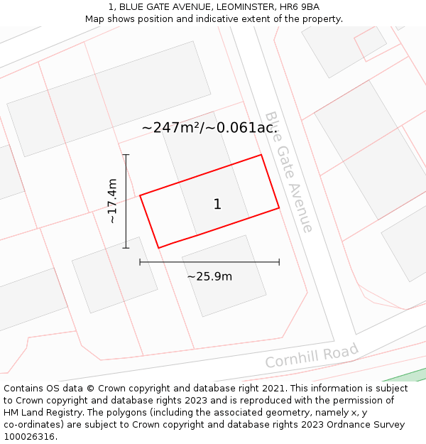 1, BLUE GATE AVENUE, LEOMINSTER, HR6 9BA: Plot and title map