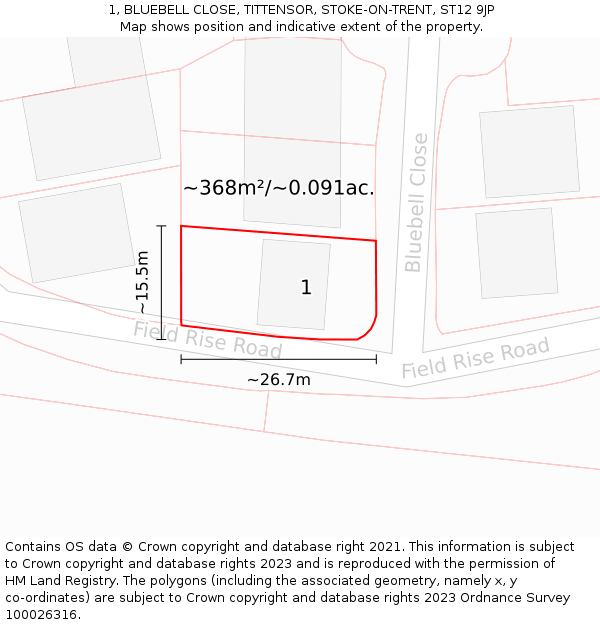 1, BLUEBELL CLOSE, TITTENSOR, STOKE-ON-TRENT, ST12 9JP: Plot and title map