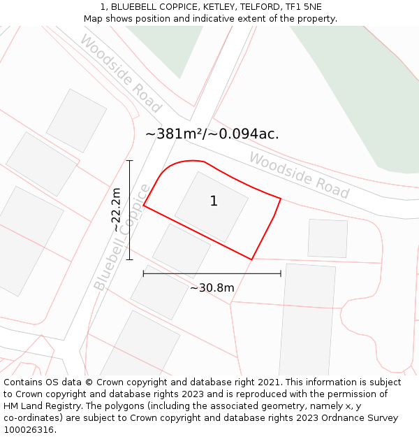 1, BLUEBELL COPPICE, KETLEY, TELFORD, TF1 5NE: Plot and title map