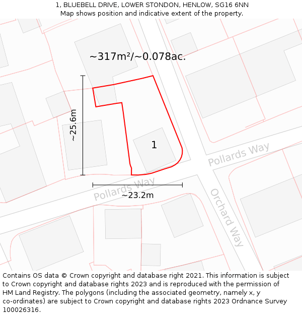 1, BLUEBELL DRIVE, LOWER STONDON, HENLOW, SG16 6NN: Plot and title map