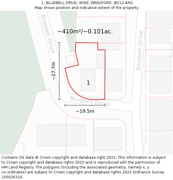 1, BLUEBELL DRIVE, WYKE, BRADFORD, BD12 8AG: Plot and title map