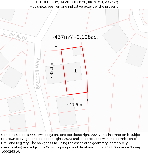 1, BLUEBELL WAY, BAMBER BRIDGE, PRESTON, PR5 6XQ: Plot and title map