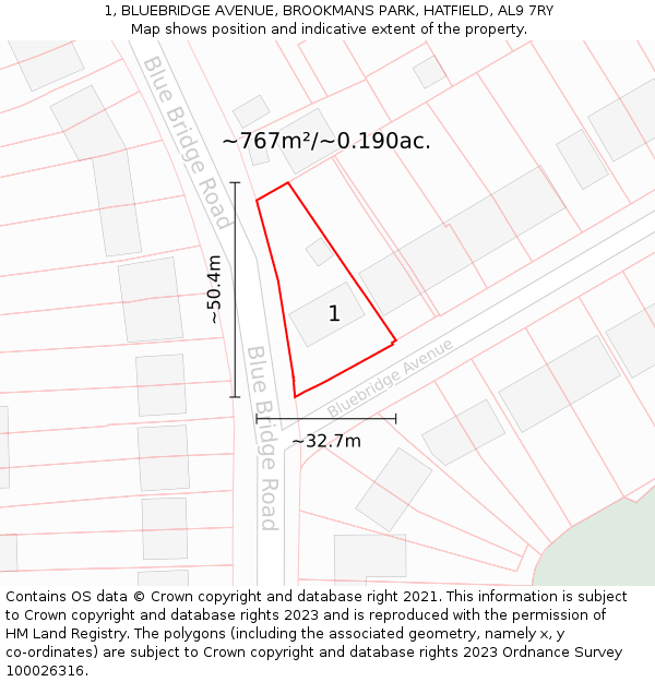 1, BLUEBRIDGE AVENUE, BROOKMANS PARK, HATFIELD, AL9 7RY: Plot and title map