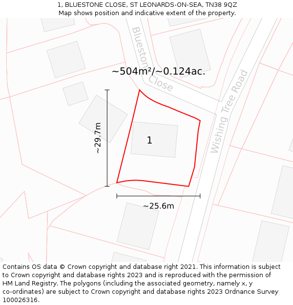 1, BLUESTONE CLOSE, ST LEONARDS-ON-SEA, TN38 9QZ: Plot and title map