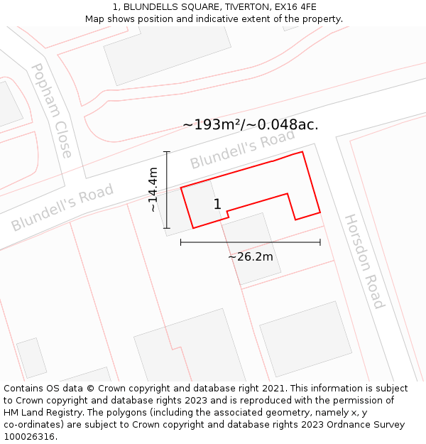 1, BLUNDELLS SQUARE, TIVERTON, EX16 4FE: Plot and title map