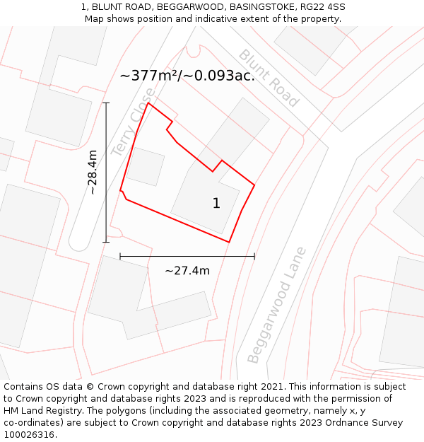 1, BLUNT ROAD, BEGGARWOOD, BASINGSTOKE, RG22 4SS: Plot and title map