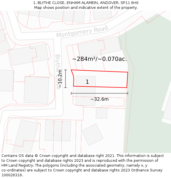 1, BLYTHE CLOSE, ENHAM ALAMEIN, ANDOVER, SP11 6HX: Plot and title map