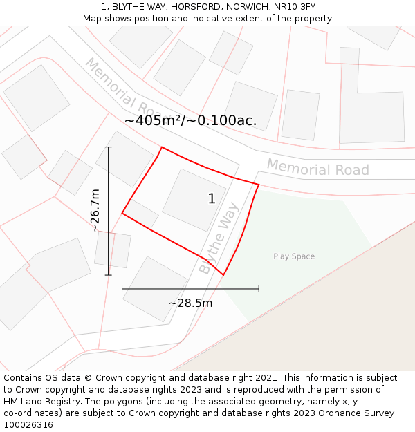 1, BLYTHE WAY, HORSFORD, NORWICH, NR10 3FY: Plot and title map
