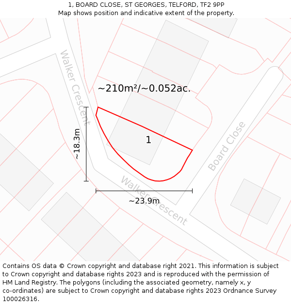 1, BOARD CLOSE, ST GEORGES, TELFORD, TF2 9PP: Plot and title map
