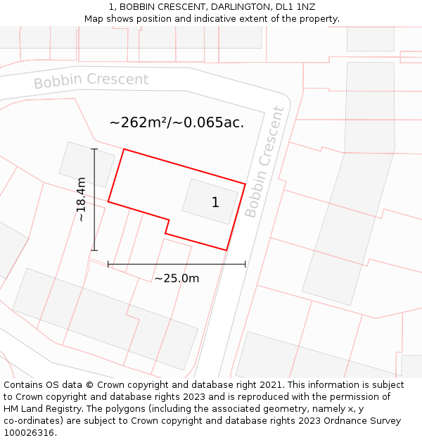 1, BOBBIN CRESCENT, DARLINGTON, DL1 1NZ: Plot and title map
