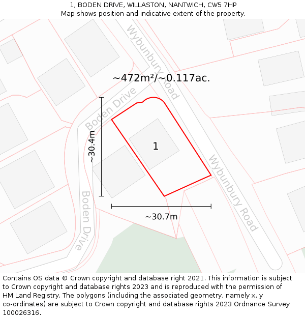1, BODEN DRIVE, WILLASTON, NANTWICH, CW5 7HP: Plot and title map