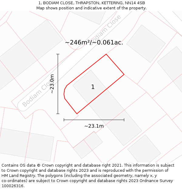 1, BODIAM CLOSE, THRAPSTON, KETTERING, NN14 4SB: Plot and title map