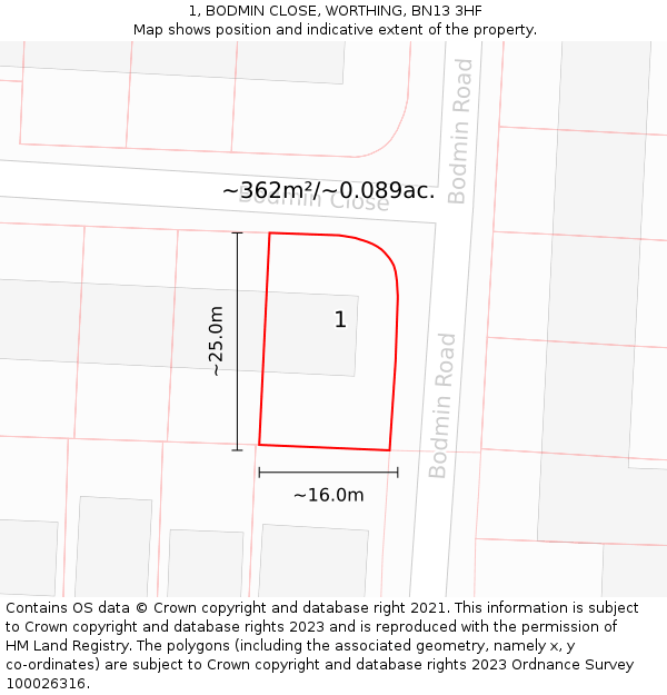 1, BODMIN CLOSE, WORTHING, BN13 3HF: Plot and title map