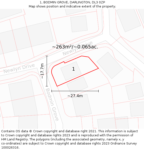 1, BODMIN GROVE, DARLINGTON, DL3 0ZP: Plot and title map