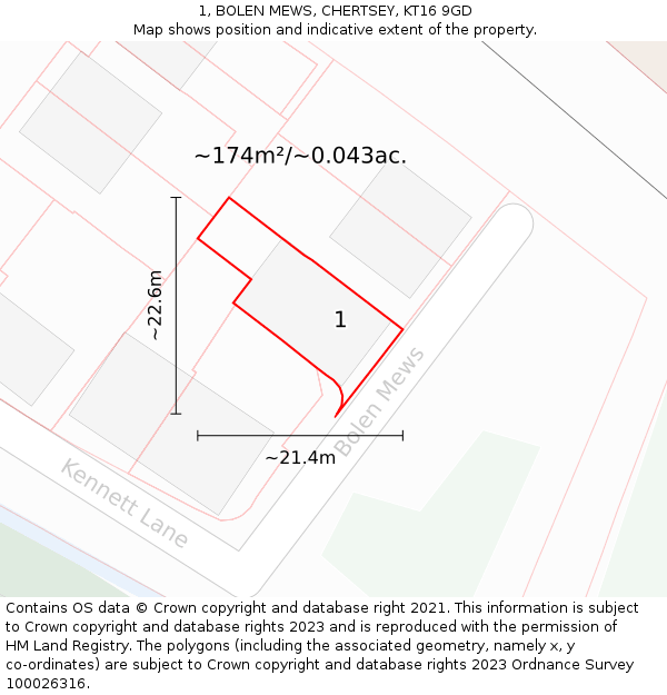 1, BOLEN MEWS, CHERTSEY, KT16 9GD: Plot and title map