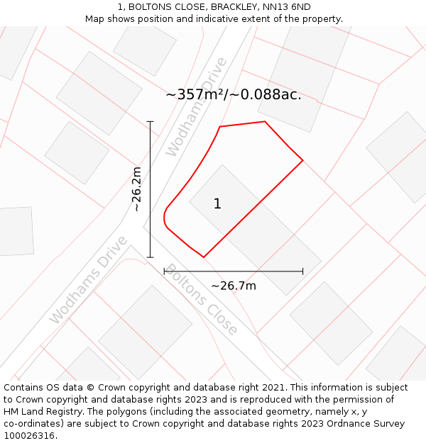 1, BOLTONS CLOSE, BRACKLEY, NN13 6ND: Plot and title map