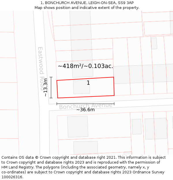 1, BONCHURCH AVENUE, LEIGH-ON-SEA, SS9 3AP: Plot and title map