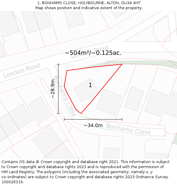 1, BONHAMS CLOSE, HOLYBOURNE, ALTON, GU34 4HT: Plot and title map
