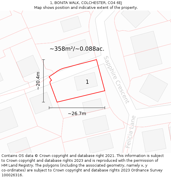 1, BONITA WALK, COLCHESTER, CO4 6EJ: Plot and title map