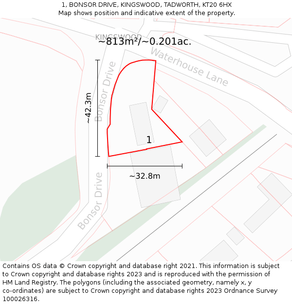 1, BONSOR DRIVE, KINGSWOOD, TADWORTH, KT20 6HX: Plot and title map