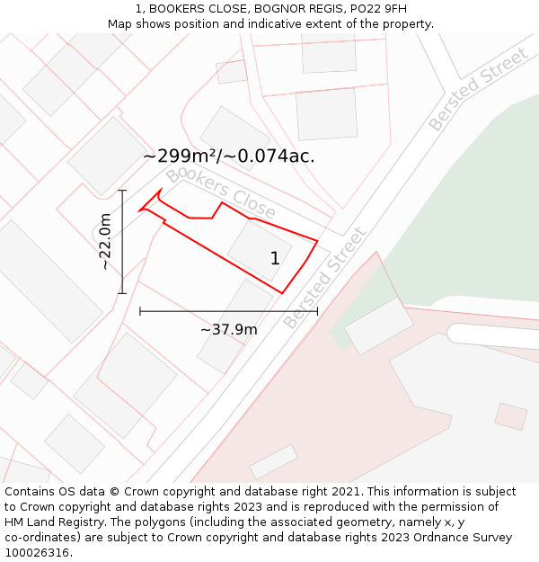 1, BOOKERS CLOSE, BOGNOR REGIS, PO22 9FH: Plot and title map