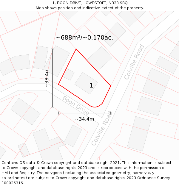 1, BOON DRIVE, LOWESTOFT, NR33 9RQ: Plot and title map