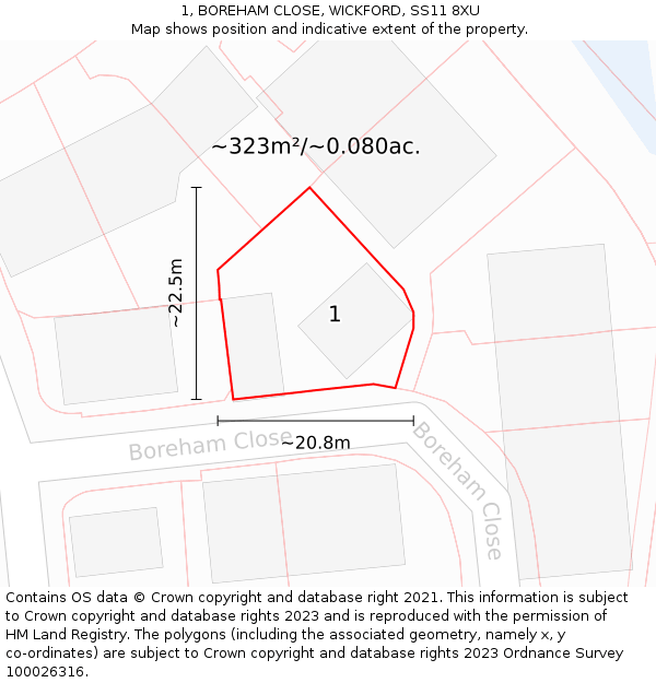 1, BOREHAM CLOSE, WICKFORD, SS11 8XU: Plot and title map