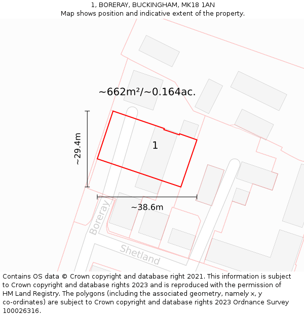 1, BORERAY, BUCKINGHAM, MK18 1AN: Plot and title map