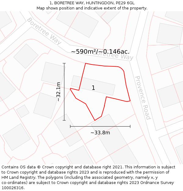 1, BORETREE WAY, HUNTINGDON, PE29 6GL: Plot and title map