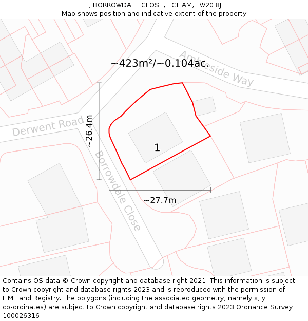 1, BORROWDALE CLOSE, EGHAM, TW20 8JE: Plot and title map