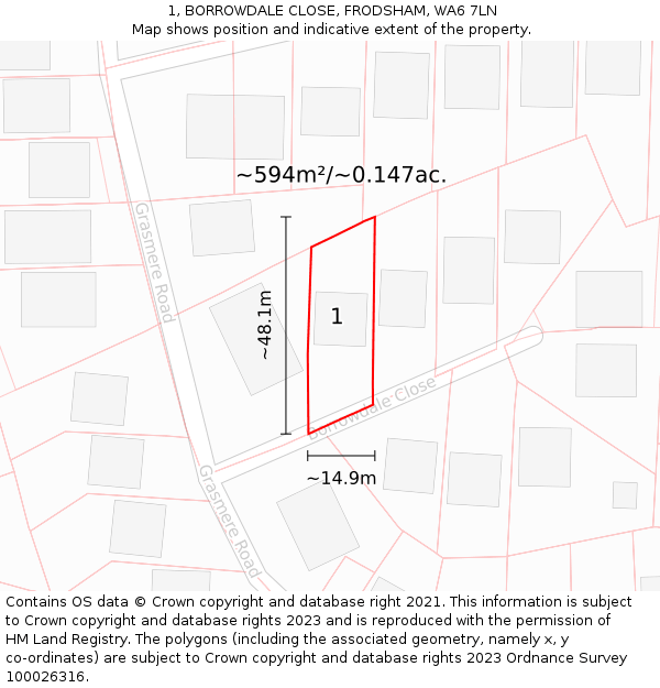 1, BORROWDALE CLOSE, FRODSHAM, WA6 7LN: Plot and title map