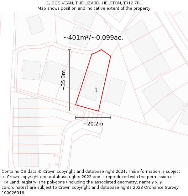 1, BOS VEAN, THE LIZARD, HELSTON, TR12 7RU: Plot and title map