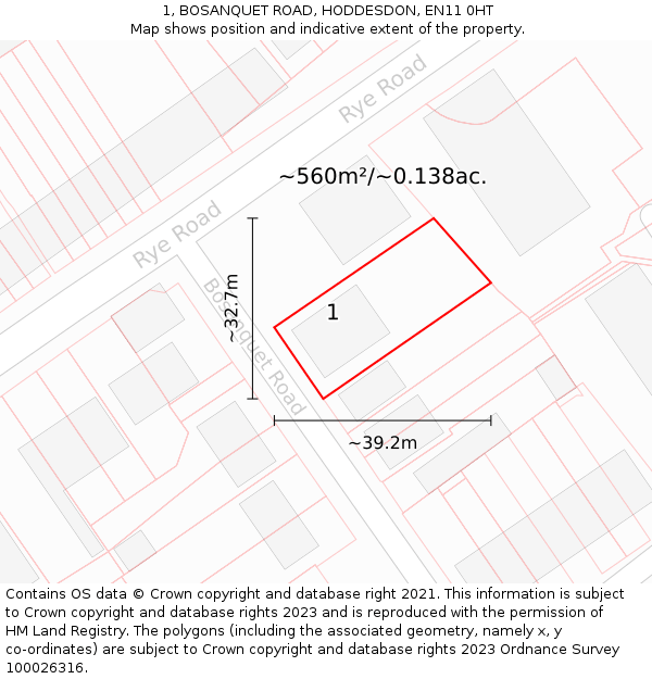 1, BOSANQUET ROAD, HODDESDON, EN11 0HT: Plot and title map