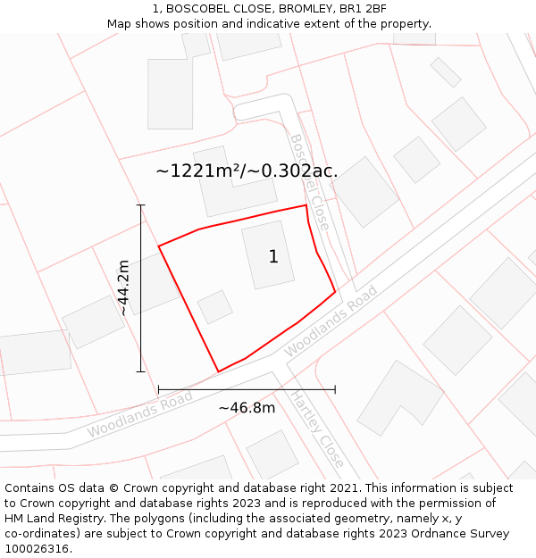 1, BOSCOBEL CLOSE, BROMLEY, BR1 2BF: Plot and title map