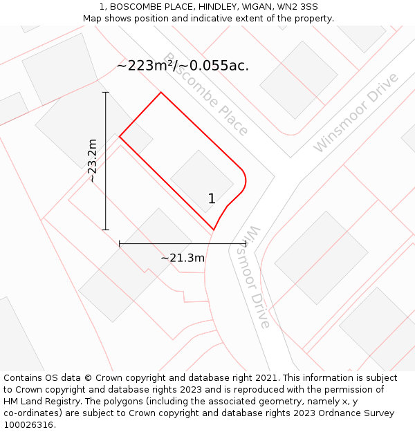 1, BOSCOMBE PLACE, HINDLEY, WIGAN, WN2 3SS: Plot and title map