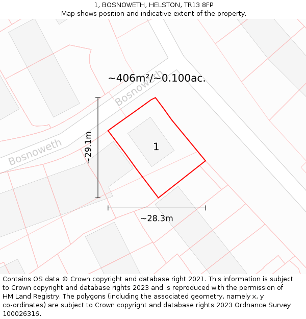 1, BOSNOWETH, HELSTON, TR13 8FP: Plot and title map
