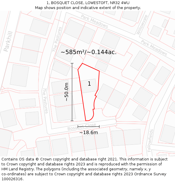 1, BOSQUET CLOSE, LOWESTOFT, NR32 4WU: Plot and title map