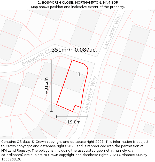 1, BOSWORTH CLOSE, NORTHAMPTON, NN4 8QR: Plot and title map