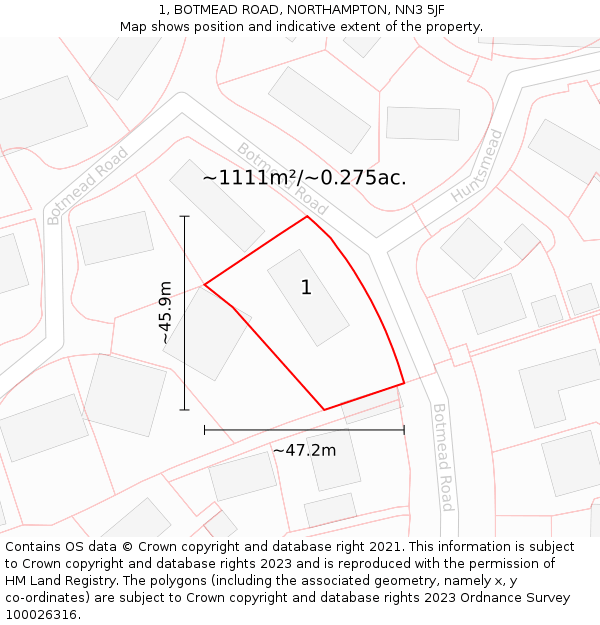 1, BOTMEAD ROAD, NORTHAMPTON, NN3 5JF: Plot and title map