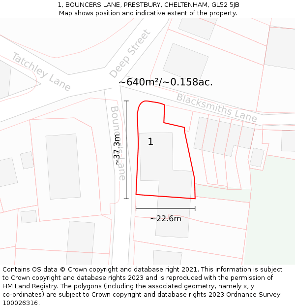 1, BOUNCERS LANE, PRESTBURY, CHELTENHAM, GL52 5JB: Plot and title map