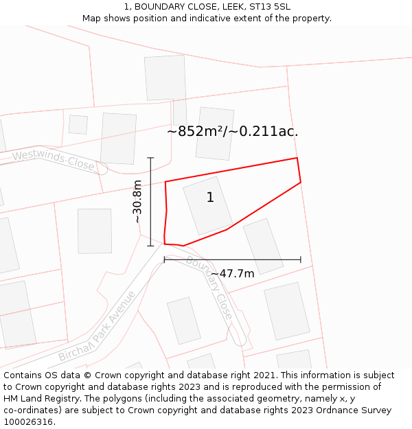 1, BOUNDARY CLOSE, LEEK, ST13 5SL: Plot and title map