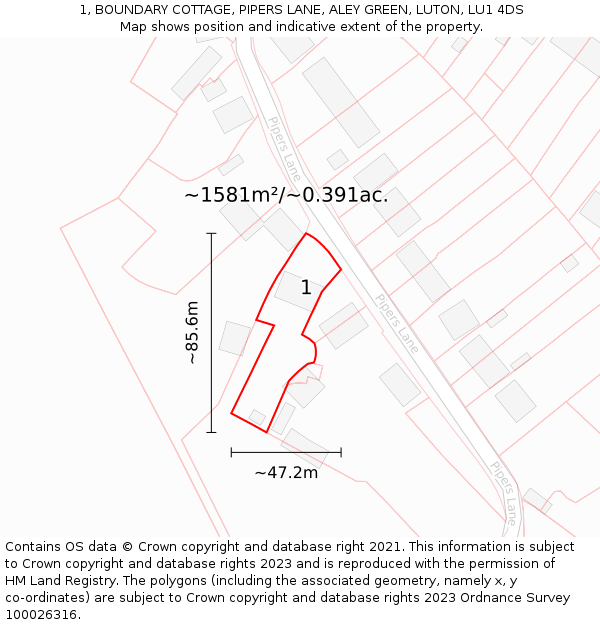 1, BOUNDARY COTTAGE, PIPERS LANE, ALEY GREEN, LUTON, LU1 4DS: Plot and title map